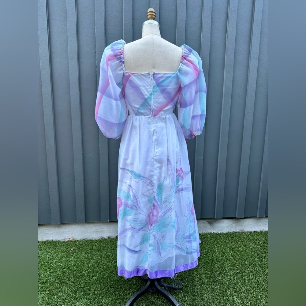 Vintage 1970s 1980s Watercolor Puff Sleeve Dress- size S - Picture 6 of 8
